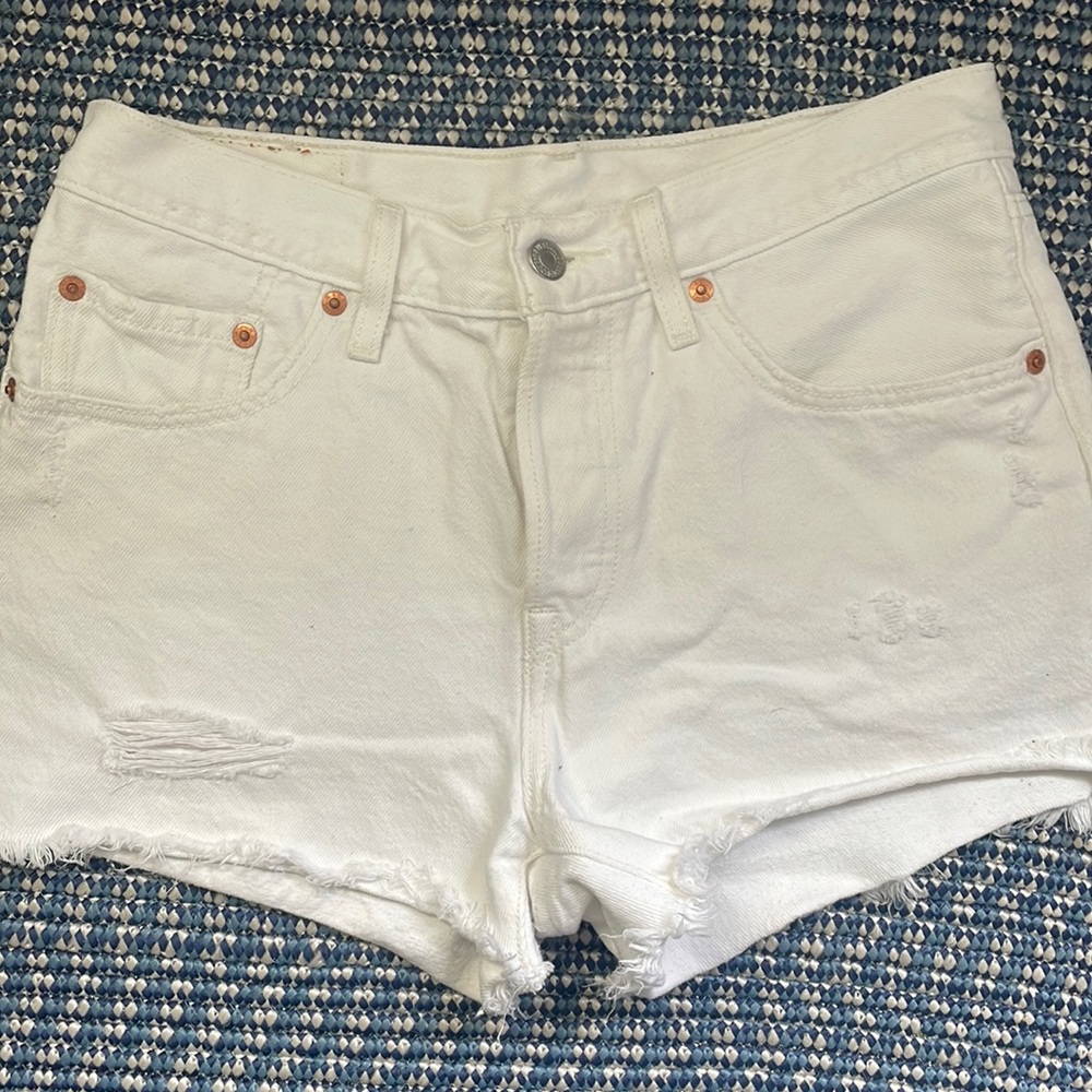 White jean button crotch shorts